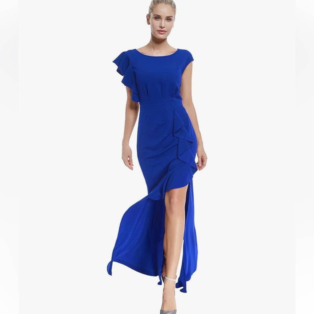 Allandwell | Women’s Elegant Blue Full Length Dress w/ Ruffle Detail | XL | NWT